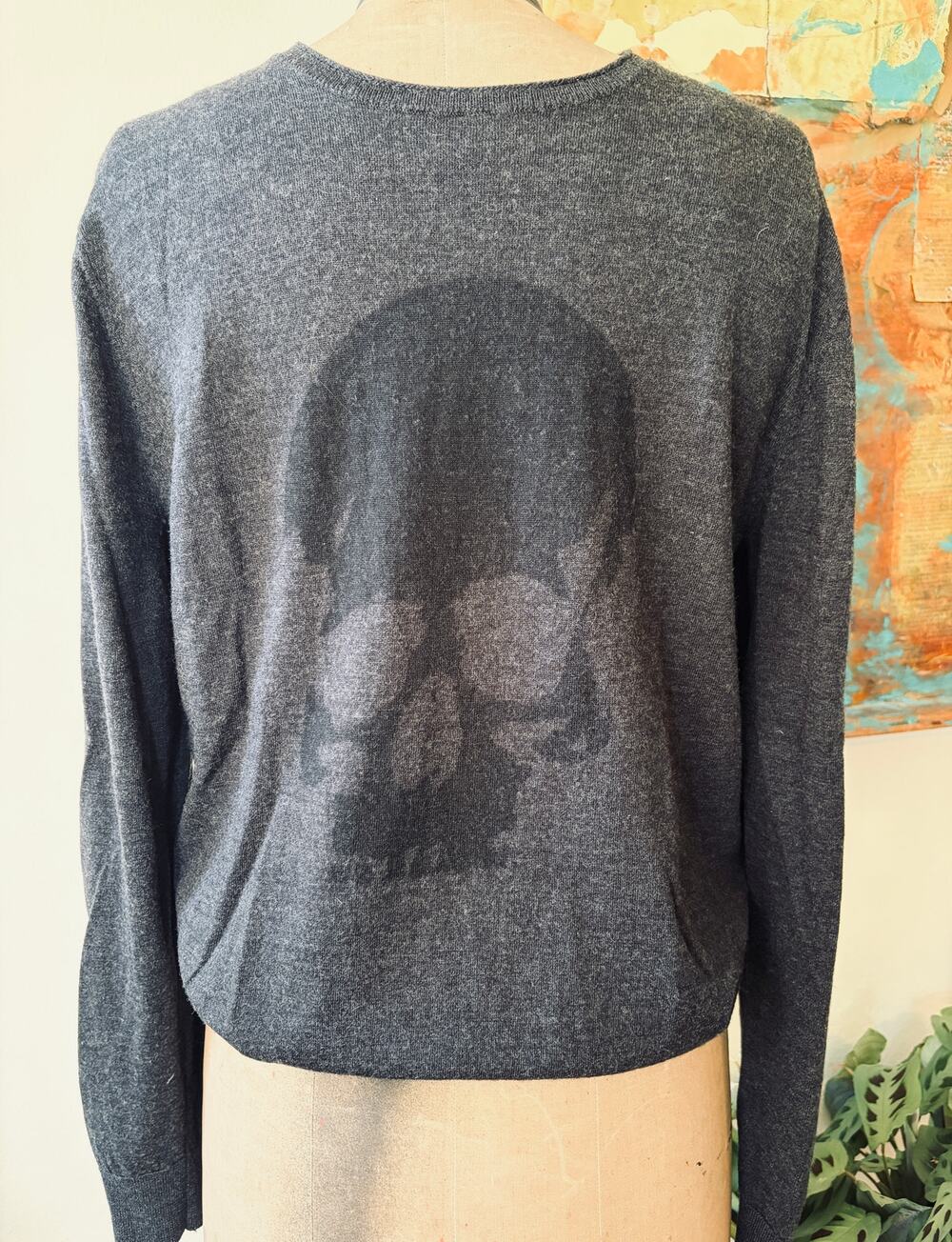 The Kooples Grey Merino Wool Skull Jacquard Crewneck Sweater size L